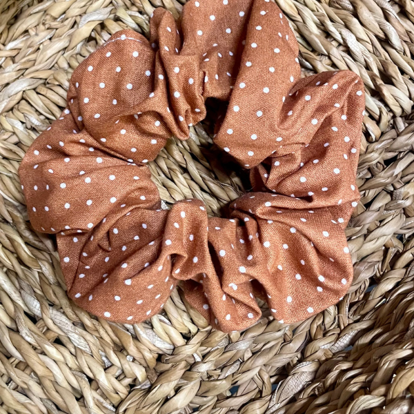 Chouchou marron à pois blanc, élastique pour cheveux